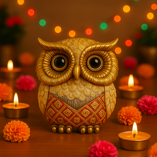 Golden Decorative Owl Figurine - Prosperity & Festive Home Decor Showpiece