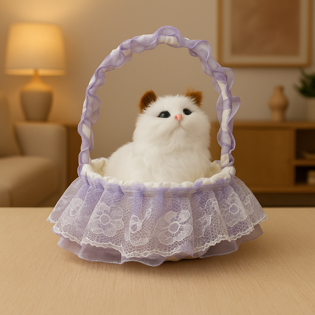 LED Basket Cat Plush with Meow Sound – Decorative Stuffed Kitten Toy