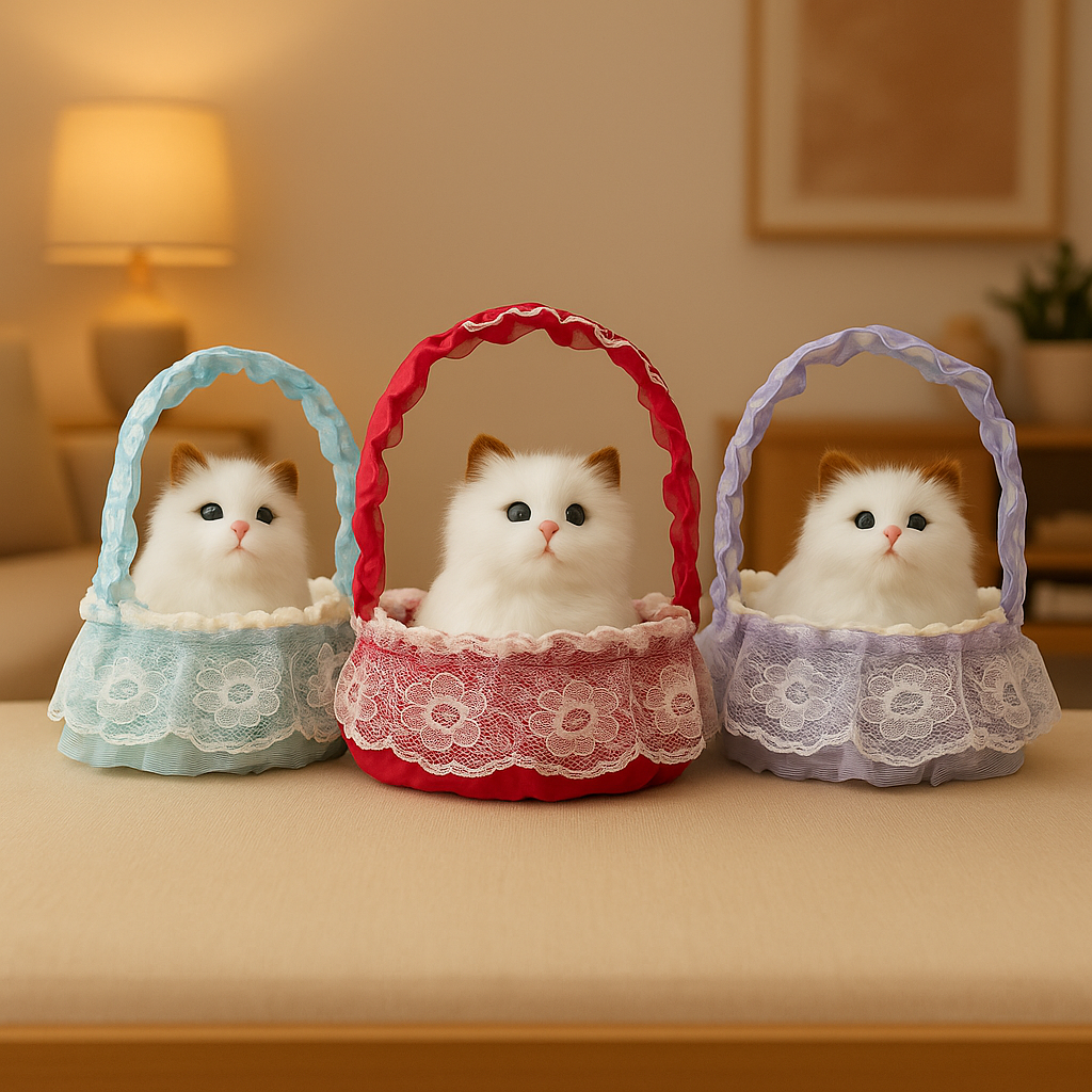 LED Basket Cat Plush with Meow Sound – Decorative Stuffed Kitten Toy