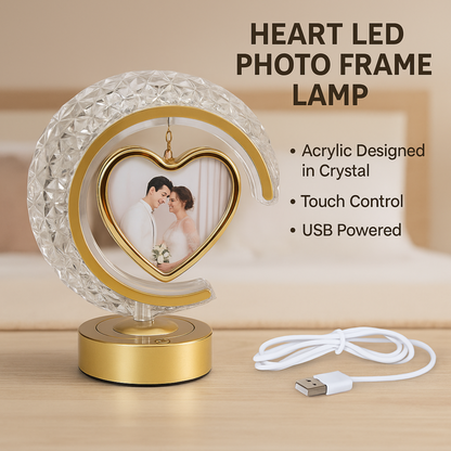 Golden Half Moon Crystal LED Digital Picture Frame | Heart Shape Frame | 2 Photo Included | 3 Level Brightness Touch Controller | Battery & USB Operated