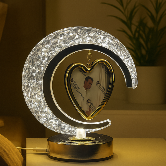 Golden Half Moon Crystal LED Digital Picture Frame | Heart Shape Frame | 2 Photo Included | 3 Level Brightness Touch Controller | Battery & USB Operated