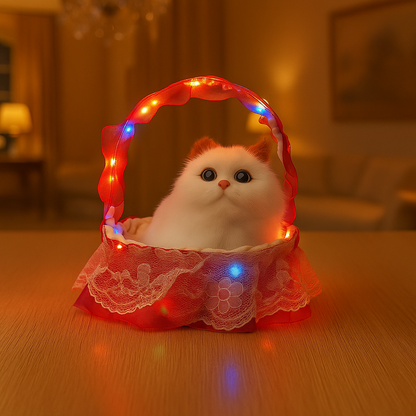 LED Basket Cat Plush with Meow Sound – Decorative Stuffed Kitten Toy